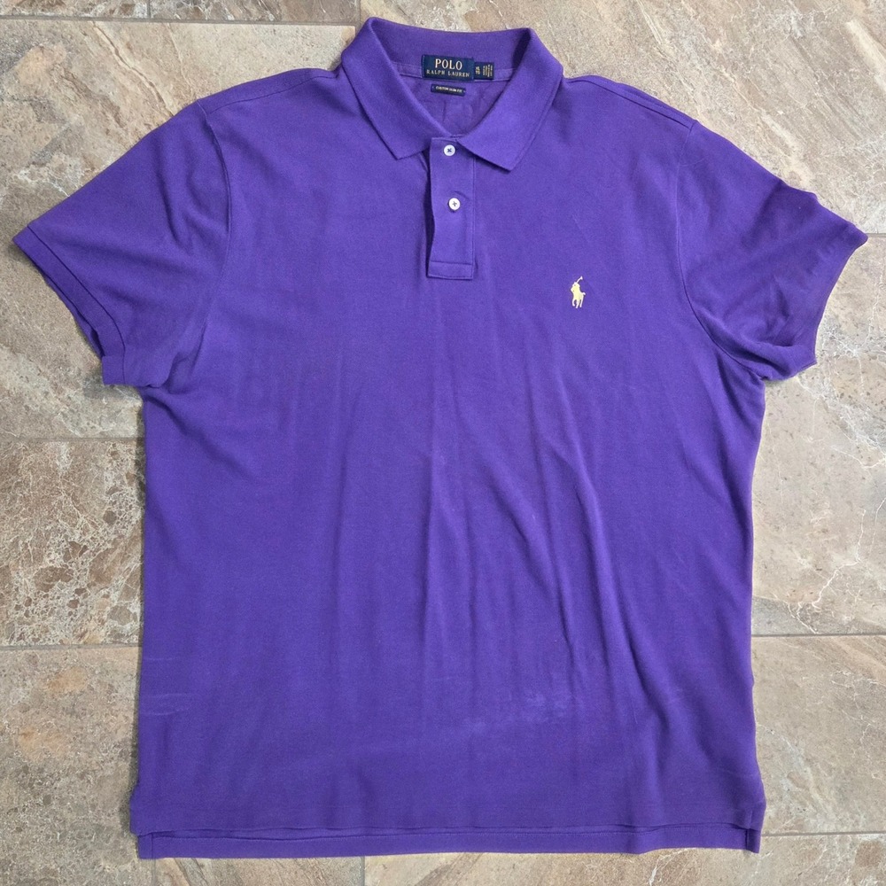 Polo Ralph Lauren Mens XL Custom Slim Fit Purple Short Sleeve Shirt Yellow Logo